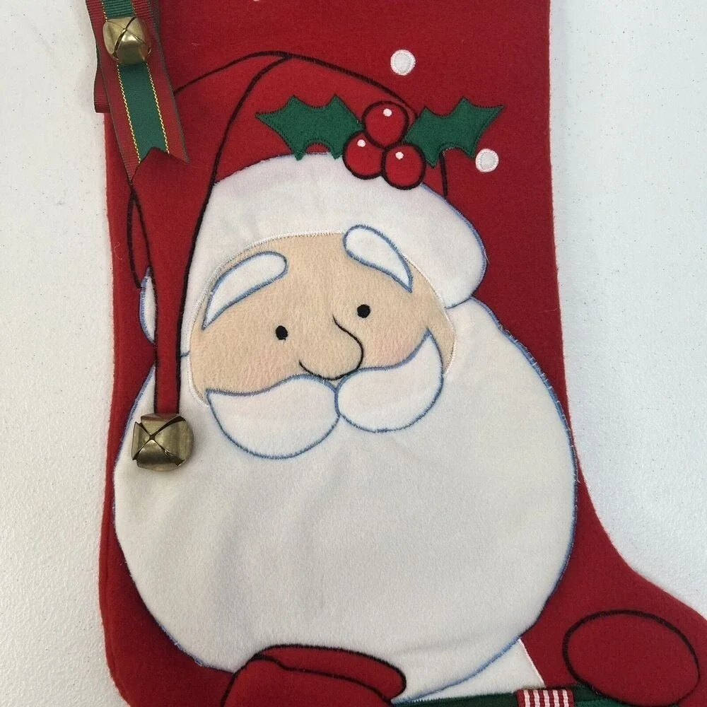 Santa Claus Christmas Stocking‎ Bells Ribbon Red Holiday